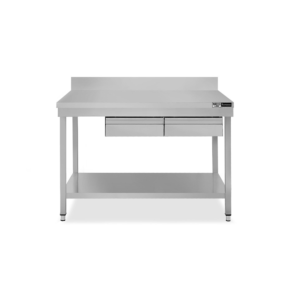 Edelstahltisch, Grundboden, Aufkantung, 2 Schubladen, B 1200 mm X T 600 mm X H 965 mm