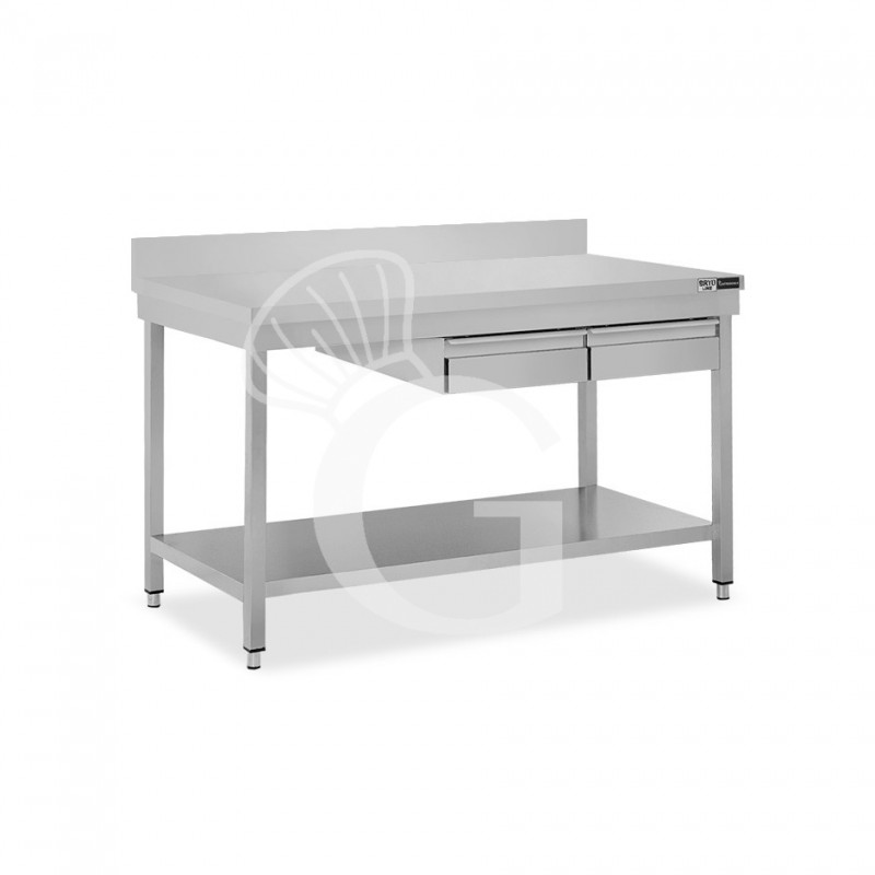 Edelstahltisch, Grundboden, Aufkantung, 2 Schubladen, B 1300 mm X T 600 mm X H 965 mm