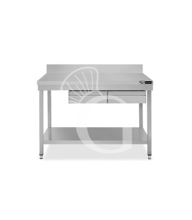 Edelstahltisch, Grundboden, Aufkantung, 2 Schubladen, B 1300 mm X T 600 mm X H 965 mm