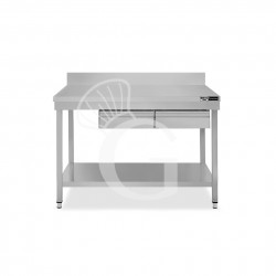 Edelstahltisch, Grundboden, Aufkantung, 2 Schubladen, B 1300 mm X T 700 mm X H 965 mm