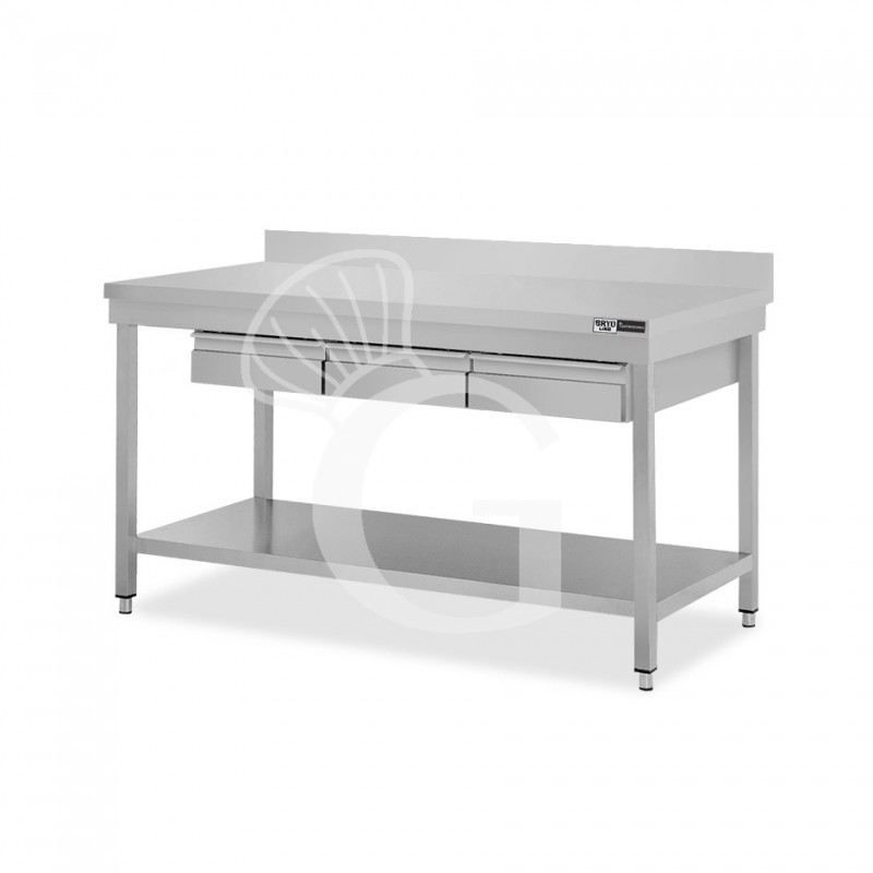 Edelstahltisch, Grundboden, Aufkantung, 3 Schubladen, B 1400 mm X T 600 mm X H 965 mm