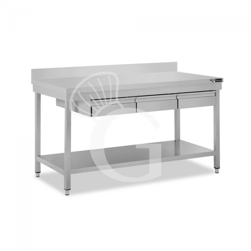 Edelstahltisch, Grundboden, Aufkantung, 3 Schubladen, B 1400 mm X T 600 mm X H 965 mm