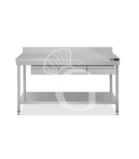Edelstahltisch, Grundboden, Aufkantung, 3 Schubladen, B 1400 mm X T 600 mm X H 965 mm
