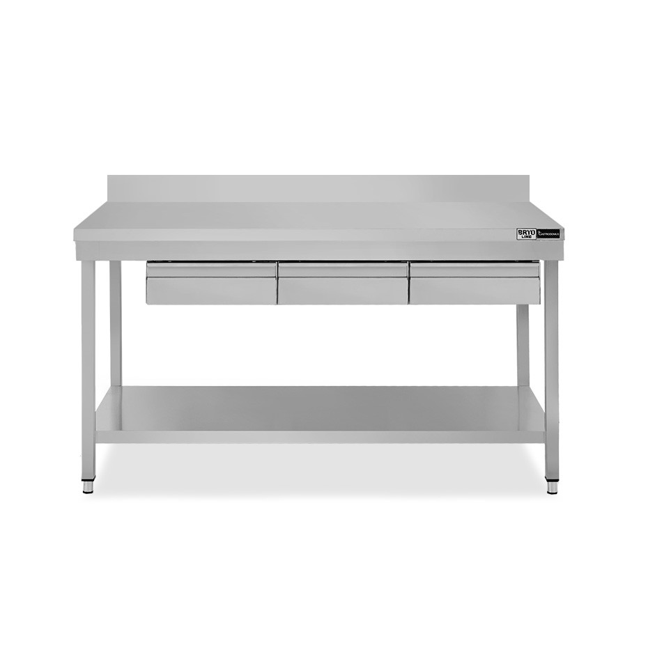 Edelstahltisch, Grundboden, Aufkantung, 3 Schubladen, B 1400 mm X T 600 mm X H 965 mm