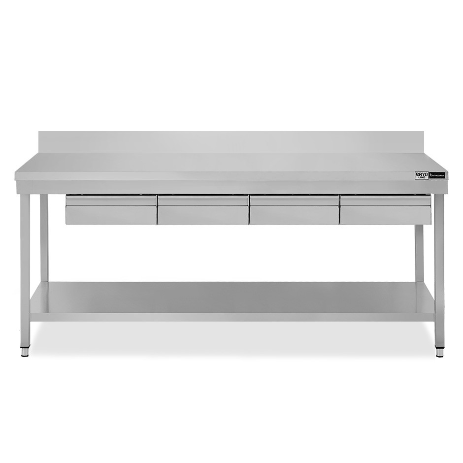 copy of Tavolo semplice in acciaio inox con piano, alzatina, 4 cassetti e L 2000 mm x P 700 mm x H 850 mm