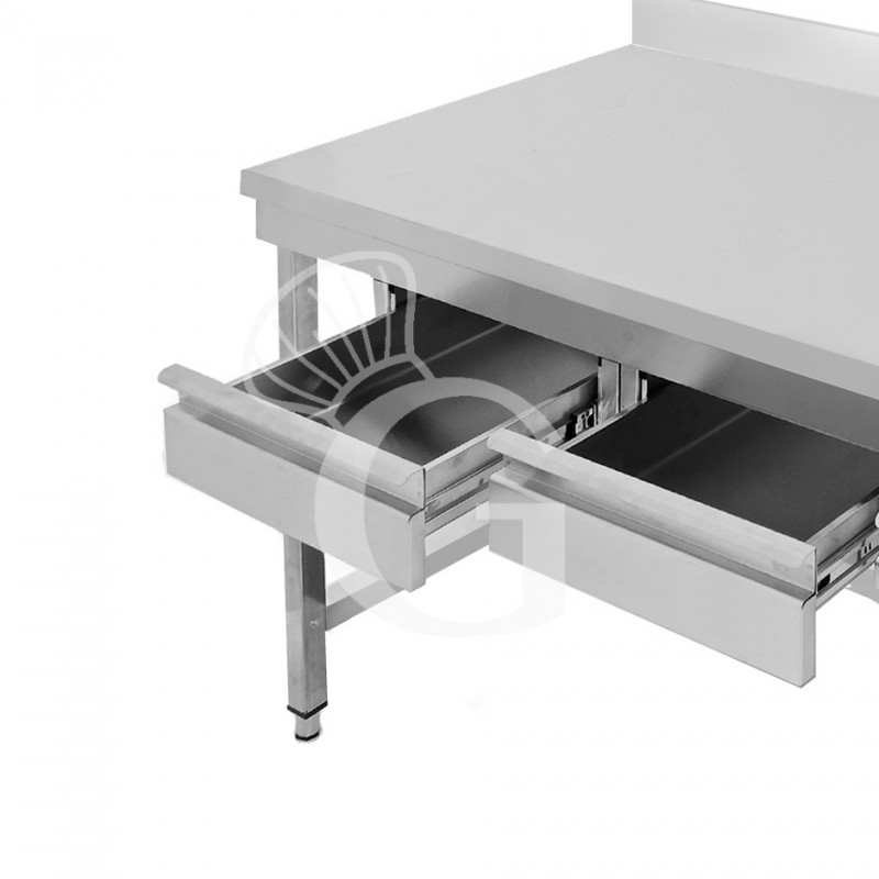 Edelstahltisch, 2 Schubladen, Aufkantung, B 1300 mm X T 600 mm X H 965 mm