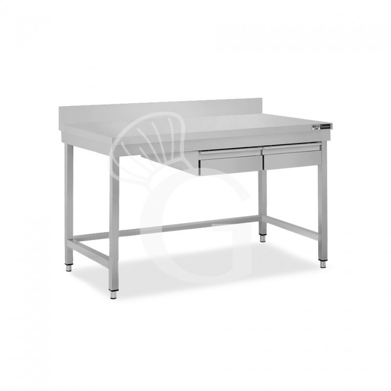 Edelstahltisch, 2 Schubladen, Aufkantung, B 1300 mm X T 700 mm X H 965 mm