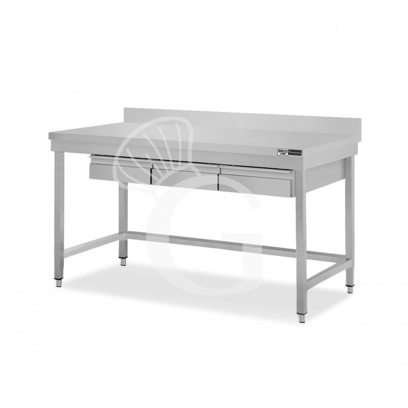 Edelstahltisch, 3 Schubladen, Aufkantung, B 1400 mm X T 700 mm X H 965 mm