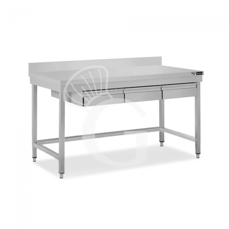 Edelstahltisch, 3 Schubladen, Aufkantung, B 1400 mm X T 700 mm X H 965 mm