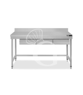 Edelstahltisch, 3 Schubladen, Aufkantung, B 1400 mm X T 700 mm X H 965 mm