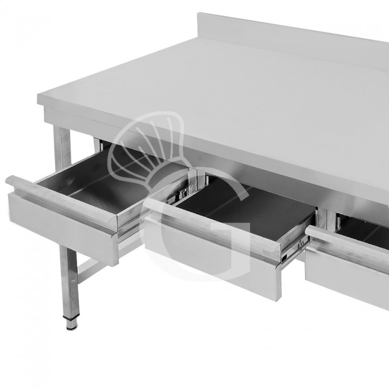 Edelstahltisch, 3 Schubladen, Aufkantung, B 1400 mm X T 700 mm X H 965 mm