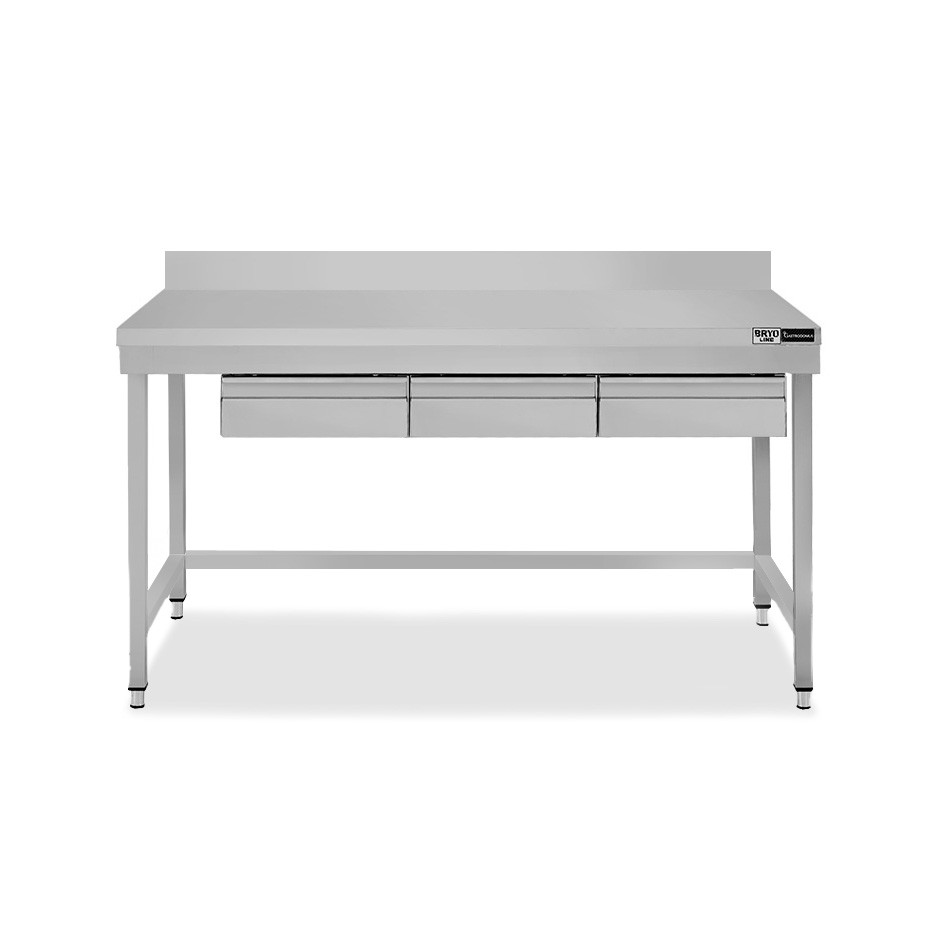 Edelstahltisch, 3 Schubladen, Aufkantung, B 1500 mm X T 700 mm X H 965 mm