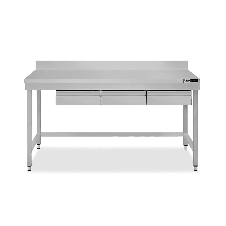 Edelstahltisch, 3 Schubladen, Aufkantung, B 1700 mm X T 600 mm X H 965 mm