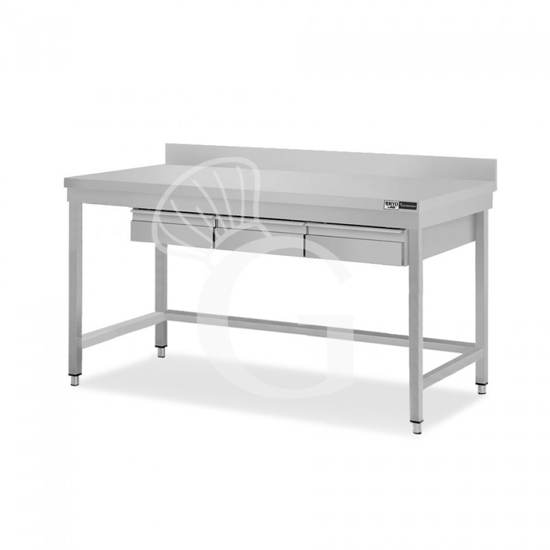 Edelstahltisch, 3 Schubladen, Aufkantung, B 1600 mm X T 700 mm X H 965 mm