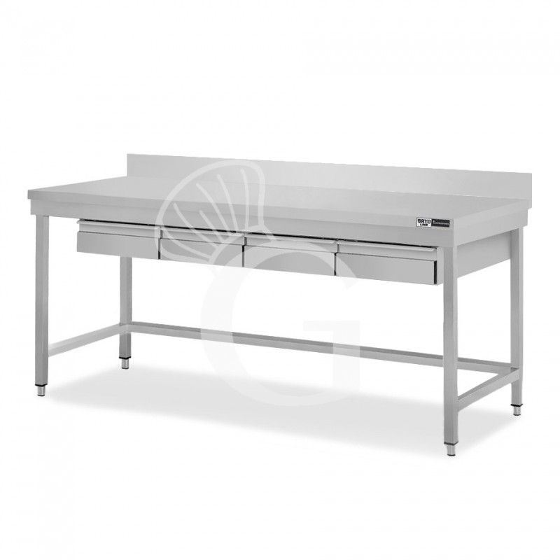 Edelstahltisch, 4 Schubladen, Aufkantung, B 1800 mm X T 700 mm X H 965 mm
