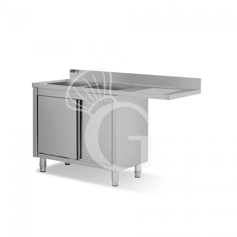 Spülmaschinen Spülschrank, Edelstahl, 2 Becken, Abtropffläche rechts, Schiebetüren, B 1600 mm x T 700 mm x H 950 mm