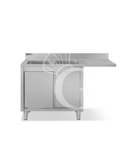 Spülmaschinen Spülschrank, Edelstahl, 2 Becken, Abtropffläche rechts, Schiebetüren, B 1600 mm x T 700 mm x H 950 mm