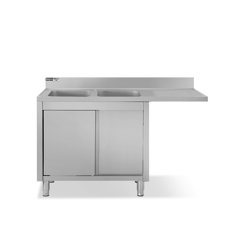 Spülmaschinen Spülschrank, Edelstahl, 2 Becken, Abtropffläche rechts, Schiebetüren, B 1600 mm x T 700 mm x H 950 mm