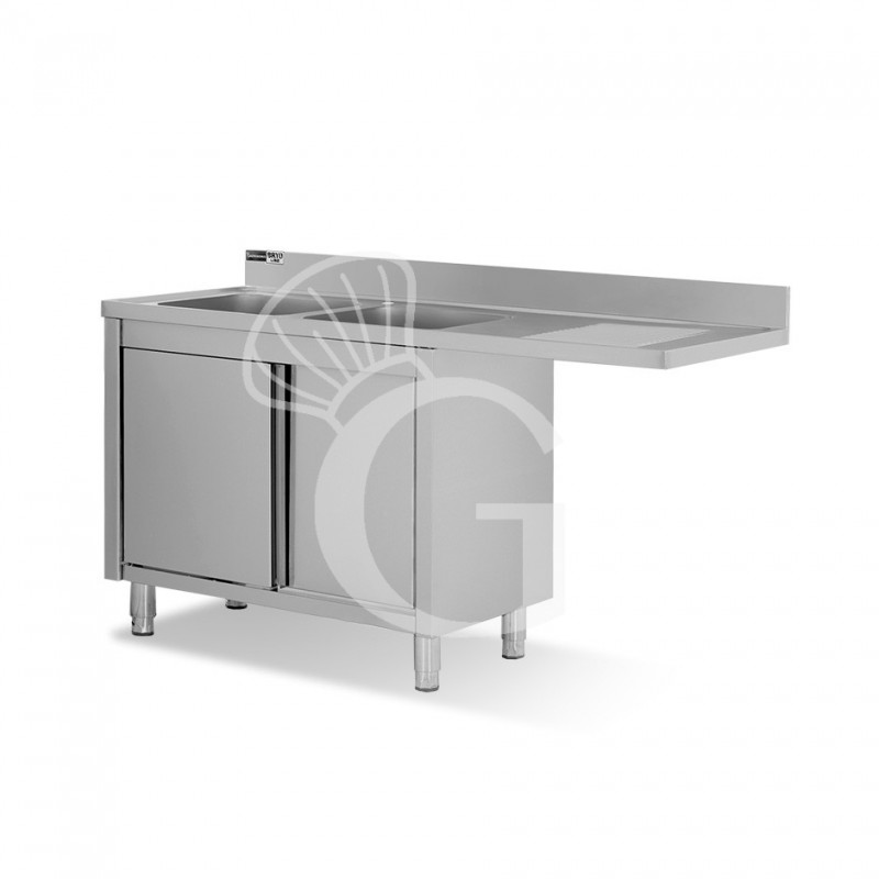 Spülmaschinen Spülschrank, Edelstahl, 2 Becken, Abtropffläche rechts, Schiebetüren, B 1800 mm x T 600 mm x H 950 mm