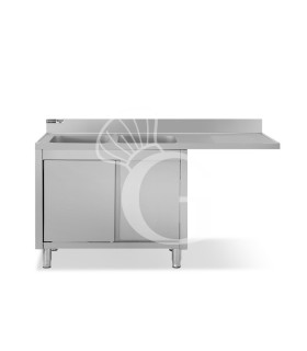 Spülmaschinen Spülschrank, Edelstahl, 2 Becken, Abtropffläche rechts, Schiebetüren, B 1800 mm x T 600 mm x H 950 mm