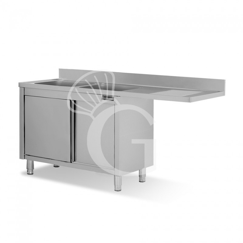 Spülmaschinen Spülschrank, Edelstahl, 2 Becken, Abtropffläche rechts, Schiebetüren, B 2000 mm x T 600 mm x H 950 mm