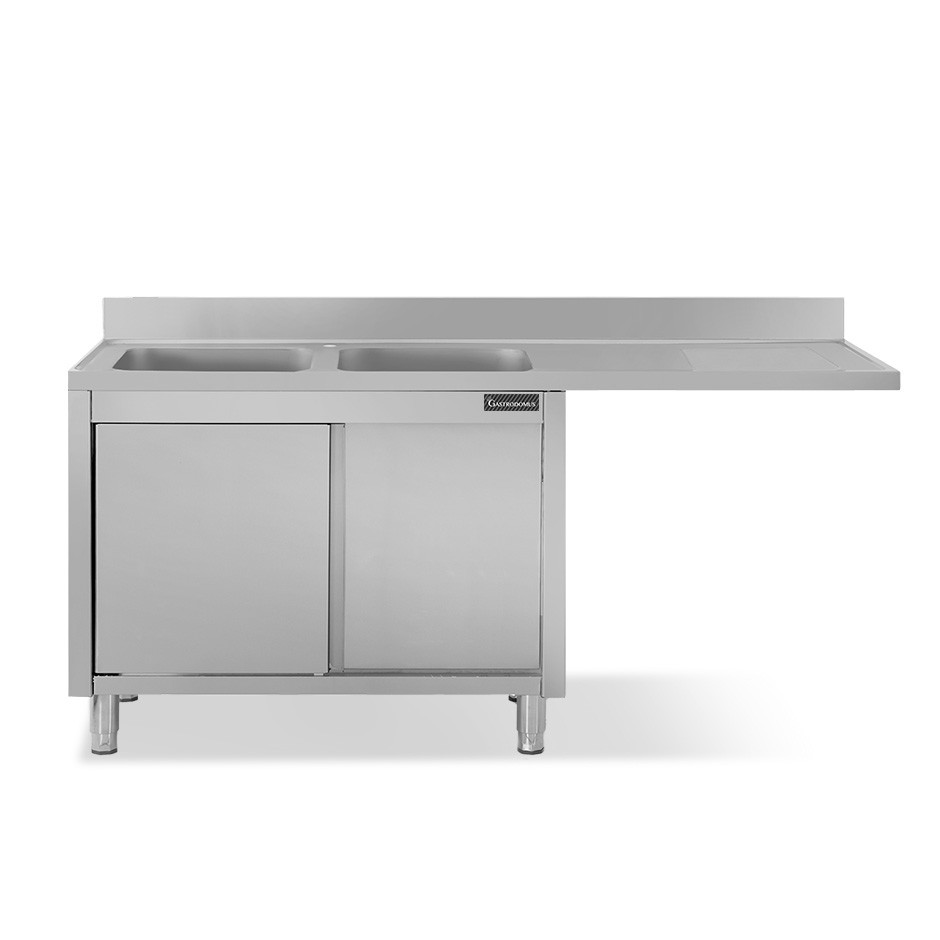 Spülmaschinen Spülschrank, Edelstahl, 2 Becken, Abtropffläche rechts, Schiebetüren, B 2000 mm x T 600 mm x H 950 mm