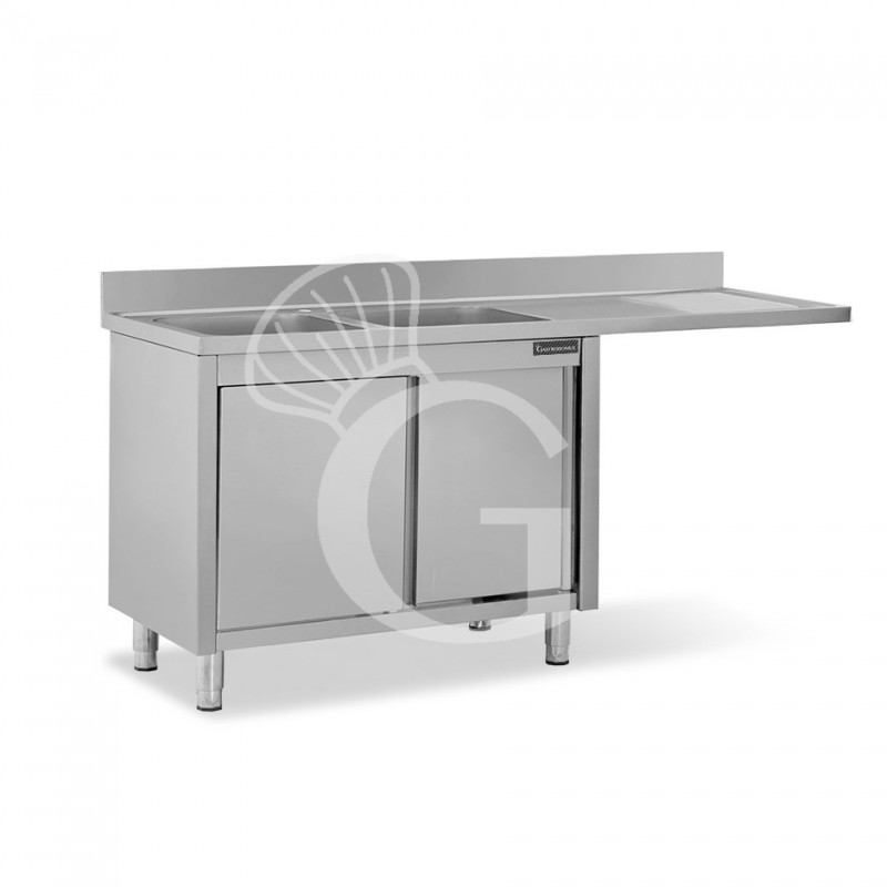 Spülmaschinen Spülschrank, Edelstahl, 2 Becken, Abtropffläche rechts, Schiebetüren, B 2000 mm x T 700 mm x H 950 mm