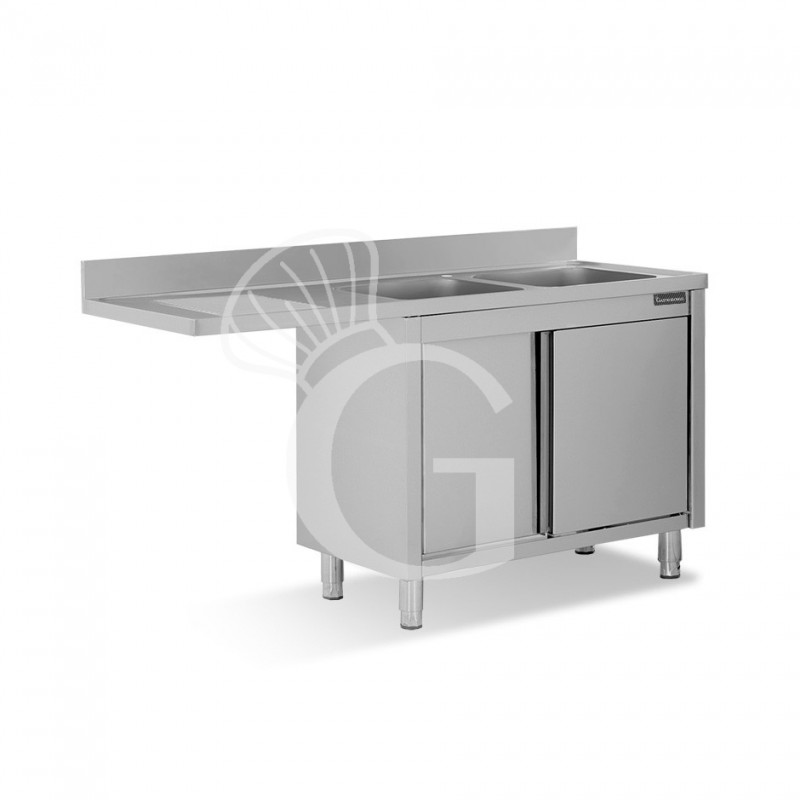 Spülmaschinen Spülschrank, Edelstahl, 2 Becken, Abtropffläche links, Schiebetüren, B 1800 mm x T 700 mm x H 950 mm