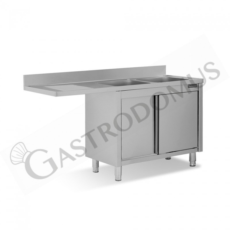 Spülmaschinen Spülschrank, Edelstahl, 2 Becken, Abtropffläche links, Schiebetüren, B 1700 mm x T 700 mm x H 950 mm