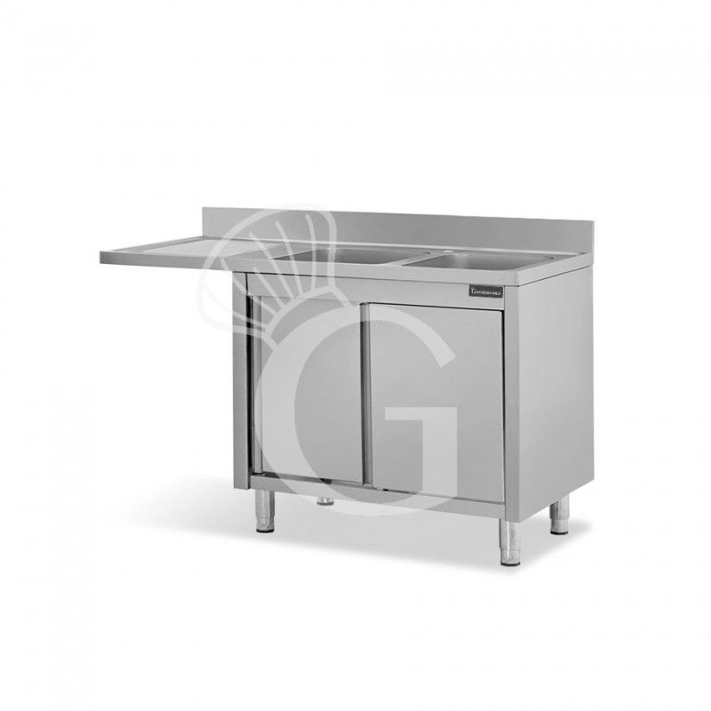 Spülmaschinen Spülschrank, Edelstahl, 2 Becken, Abtropffläche links, Schiebetüren, B 1500 mm x T 700 mm x H 950 mm