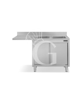 Spülmaschinen Spülschrank, Edelstahl, 2 Becken, Abtropffläche links, Schiebetüren, B 1500 mm x T 700 mm x H 950 mm