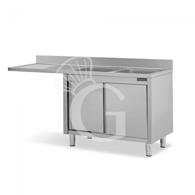 Spülmaschinen Spülschrank, Edelstahl, 2 Becken, Abtropffläche links, Schiebetüren, B 2000 mm x T 700 mm x H 950 mm