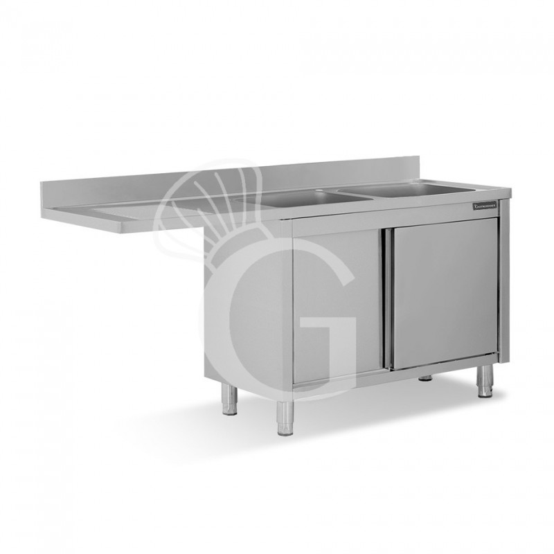 Spülmaschinen Spülschrank, Edelstahl, 2 Becken, Abtropffläche links, Schiebetüren, B 2000 mm x T 700 mm x H 950 mm