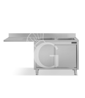 Spülmaschinen Spülschrank, Edelstahl, 2 Becken, Abtropffläche links, Schiebetüren, B 2000 mm x T 700 mm x H 950 mm