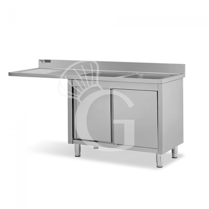 Spülmaschinen Spülschrank, Edelstahl, 2 Becken, Abtropffläche links, Schiebetüren, Aufkantung, B 1800 mm x T 600 mm x H 950 mm