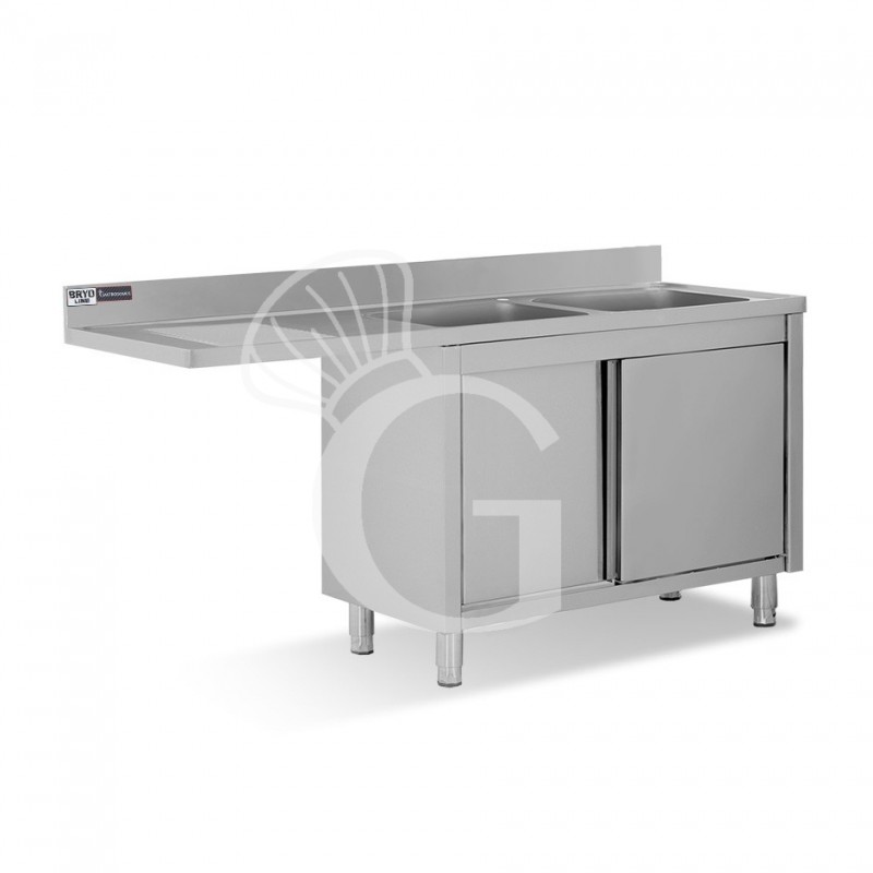 Spülmaschinen Spülschrank, Edelstahl, 2 Becken, Abtropffläche links, Schiebetüren, Aufkantung, B 1800 mm x T 600 mm x H 950 mm