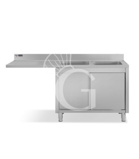 Spülmaschinen Spülschrank, Edelstahl, 2 Becken, Abtropffläche links, Schiebetüren, Aufkantung, B 1800 mm x T 600 mm x H 950 mm
