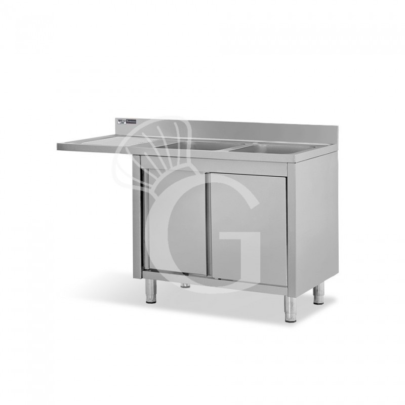 Spülmaschinen Spülschrank, Edelstahl, 2 Becken, Abtropffläche links, Schiebetüren, Aufkantung, B 1600 mm x T 700 mm x H 950 mm