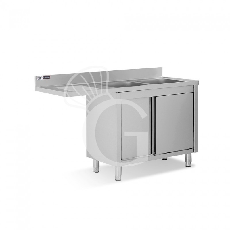 Spülmaschinen Spülschrank, Edelstahl, 2 Becken, Abtropffläche links, Schiebetüren, Aufkantung, B 1600 mm x T 700 mm x H 950 mm