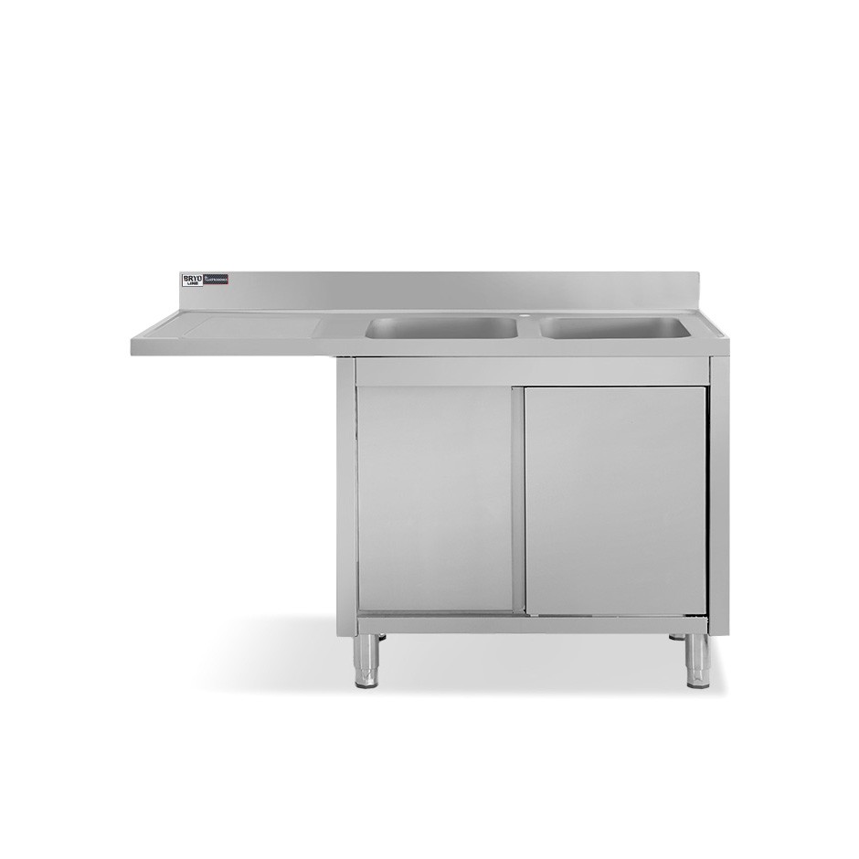 Spülmaschinen Spülschrank, Edelstahl, 2 Becken, Abtropffläche links, Schiebetüren, Aufkantung, B 1600 mm x T 700 mm x H 950 mm