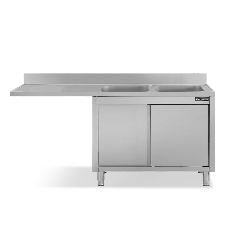 Spülmaschinen Spülschrank, Edelstahl, 2 Becken, Abtropffläche links, Schiebetüren, B 2000 mm x T 600 mm x H 950 mm