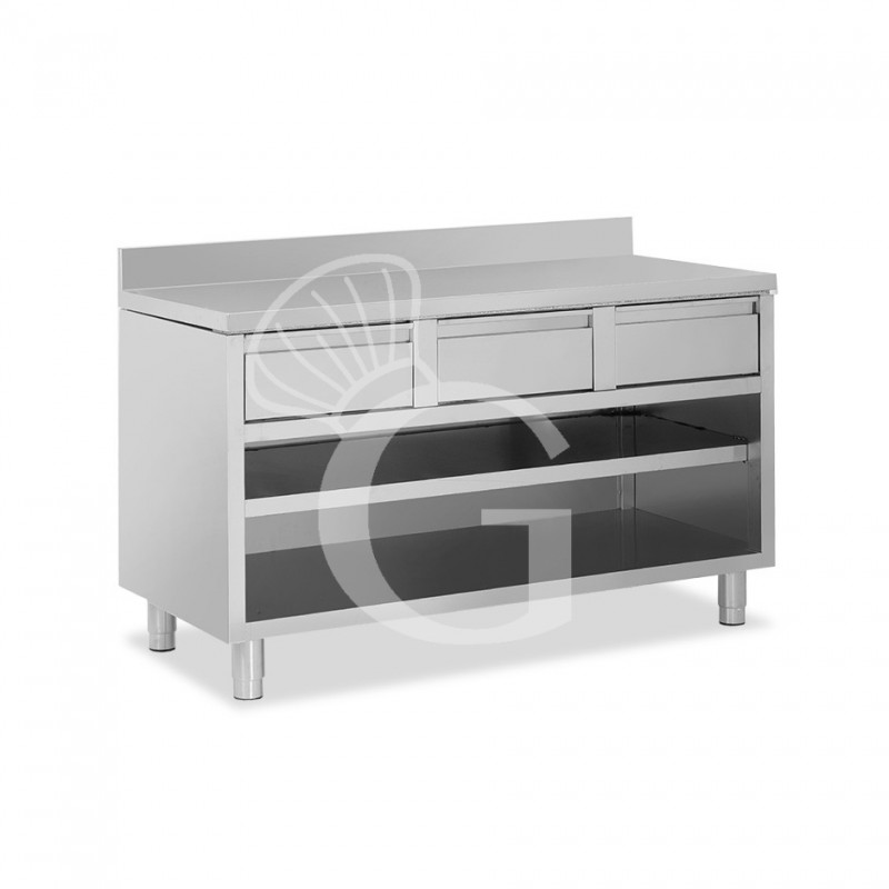 Offener Edelstahltisch 3 Schubladen Aufsatz B 1600 mm x T 600 mm x H 950 mm