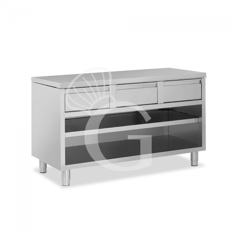 Offener Edelstahltisch 3 Schubladen B 1400 mm x T 700 mm x H 850 mm