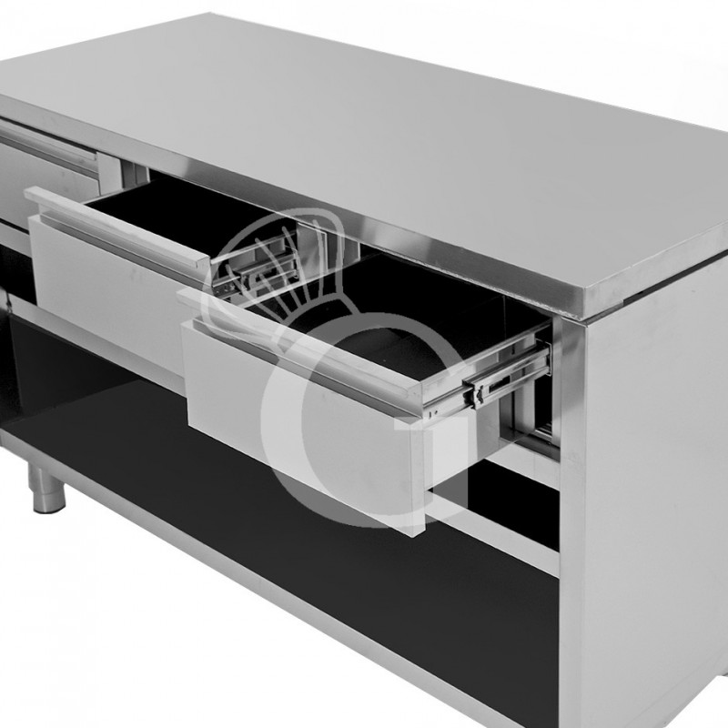 Offener Edelstahltisch 3 Schubladen B 1400 mm x T 700 mm x H 850 mm