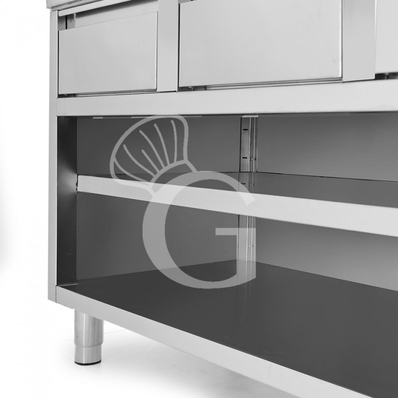 Offener Edelstahltisch 3 Schubladen B 1600 mm x T 600 mm x H 850 mm