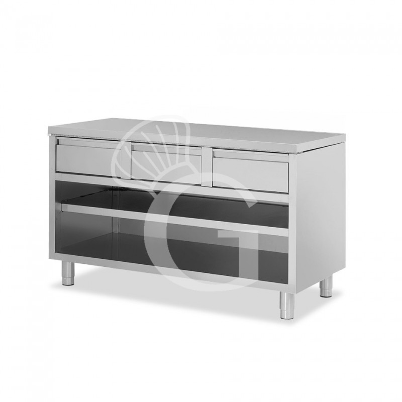 Offener Edelstahltisch 3 Schubladen B 1600 mm x T 700 mm x H 850 mm
