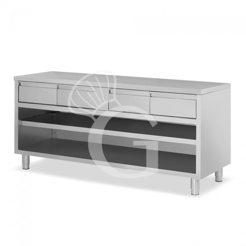 Offener Edelstahltisch 4 Schubladen B 1800 mm x T 600 mm x H 850 mm