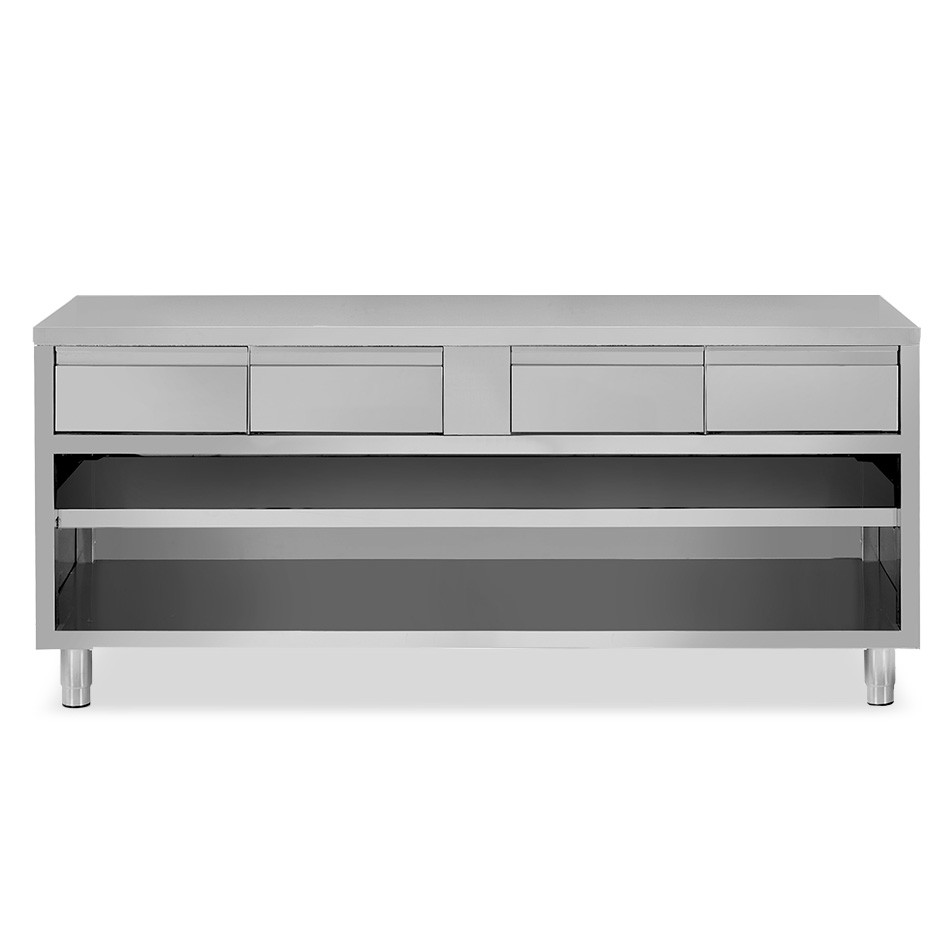 Offener Edelstahltisch 4 Schubladen B 1800 mm x T 700 mm x H 850 mm