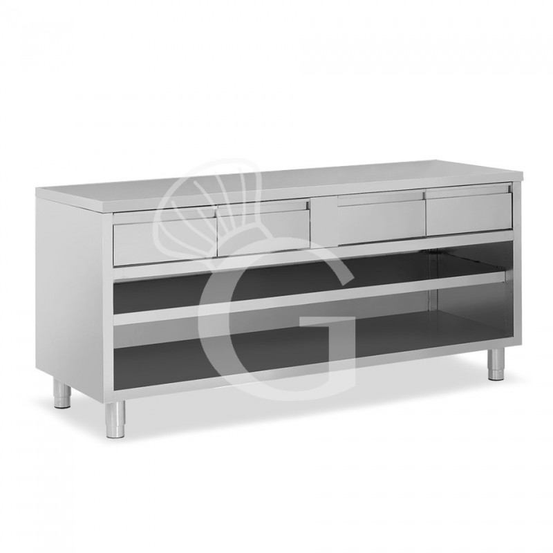 Offener Edelstahltisch 4 Schubladen B 2000 mm x T 600 mm x H 850 mm