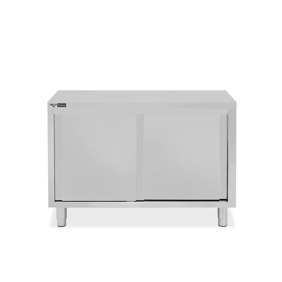 Schranktisch / Arbeitsschrank, Edelstahl, 2 Schiebetüren, B 1200 mm x T 600 mm x H 850 mm